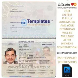 italy passport template, editable in  photoshop. psd fake template, pay by bitcoin, paypal or card