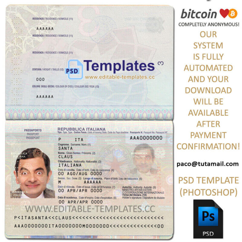 italy passport template, editable in  photoshop. psd fake template, pay by bitcoin, paypal or card