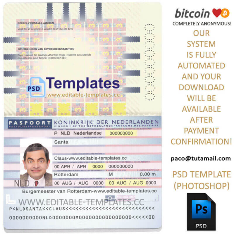 netherland passport template, editable in  photoshop. psd fake template, pay by bitcoin, paypal or card
