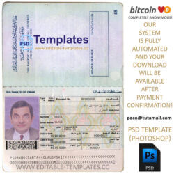 oman passport template, editable in photoshop. psd fake template, pay by bitcoin, paypal or card