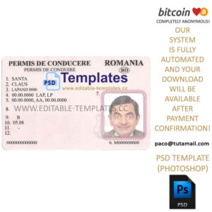 romania driver licence template, editable in photoshop. psd fake template, pay by bitcoin, paypal or card