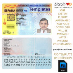 spain id template, editable in photoshop. psd fake template, pay by bitcoin, paypal or card