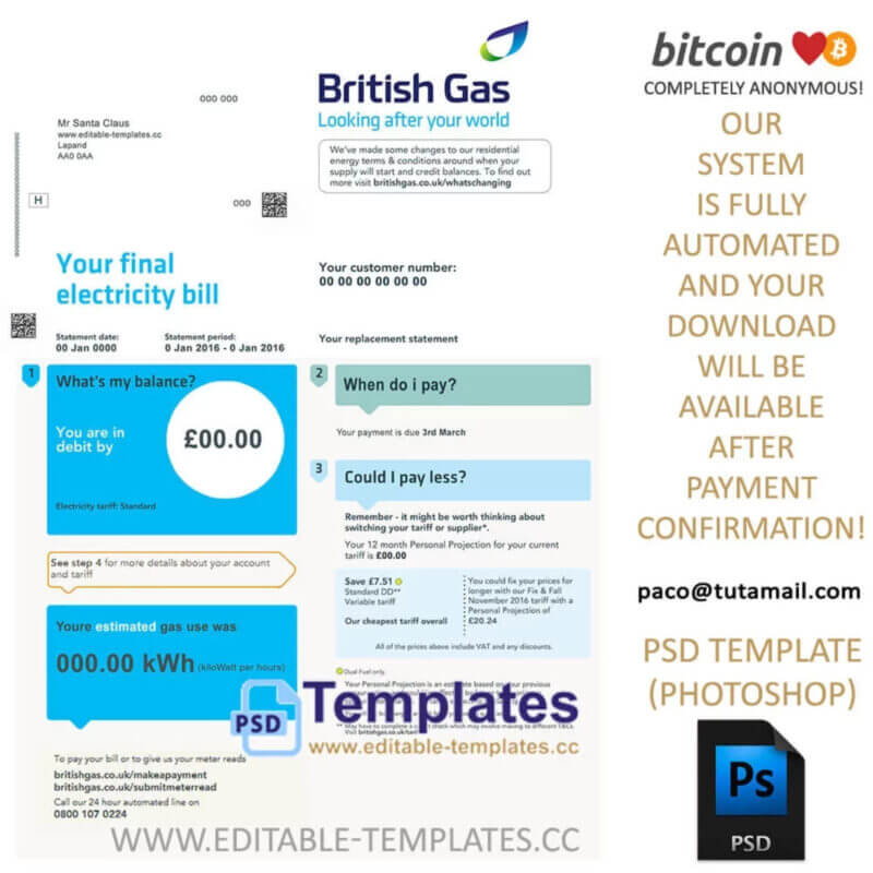 british gass uk bill template,editable in photoshop.psd fake template,pay by bitcoin,paypal or card