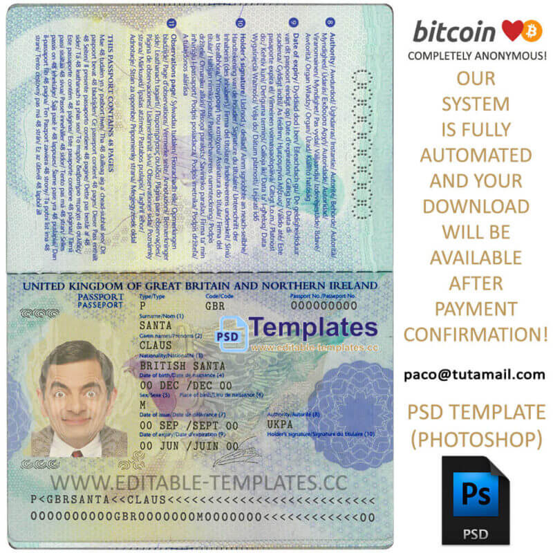 uk passport template, editable in  photoshop. psd fake template, pay by bitcoin, paypal or card