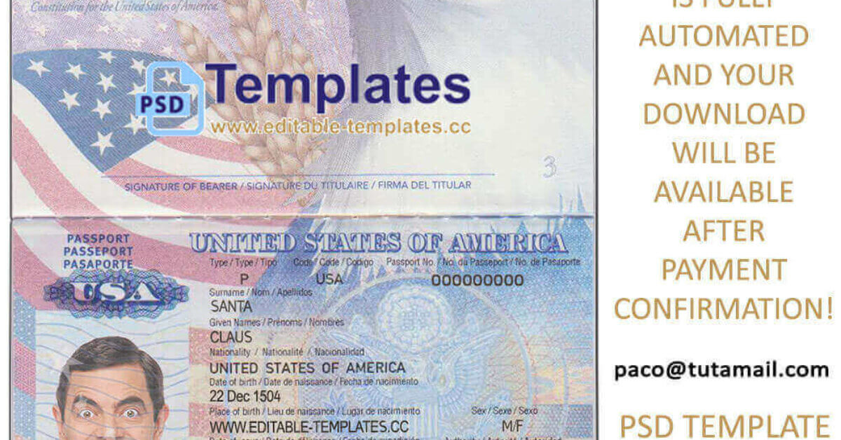 US Passport Template Editable Templates