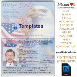 us, usa passport template, editable in  photoshop. psd fake template, pay by bitcoin, paypal or card