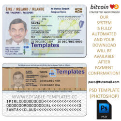 ireland id template, editable in  photoshop. psd fake template, pay by bitcoin, paypal or card