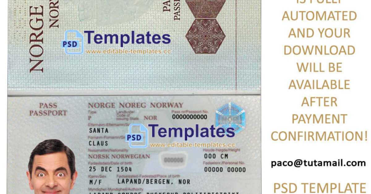 Norway Passport Template Editable Templates 8472