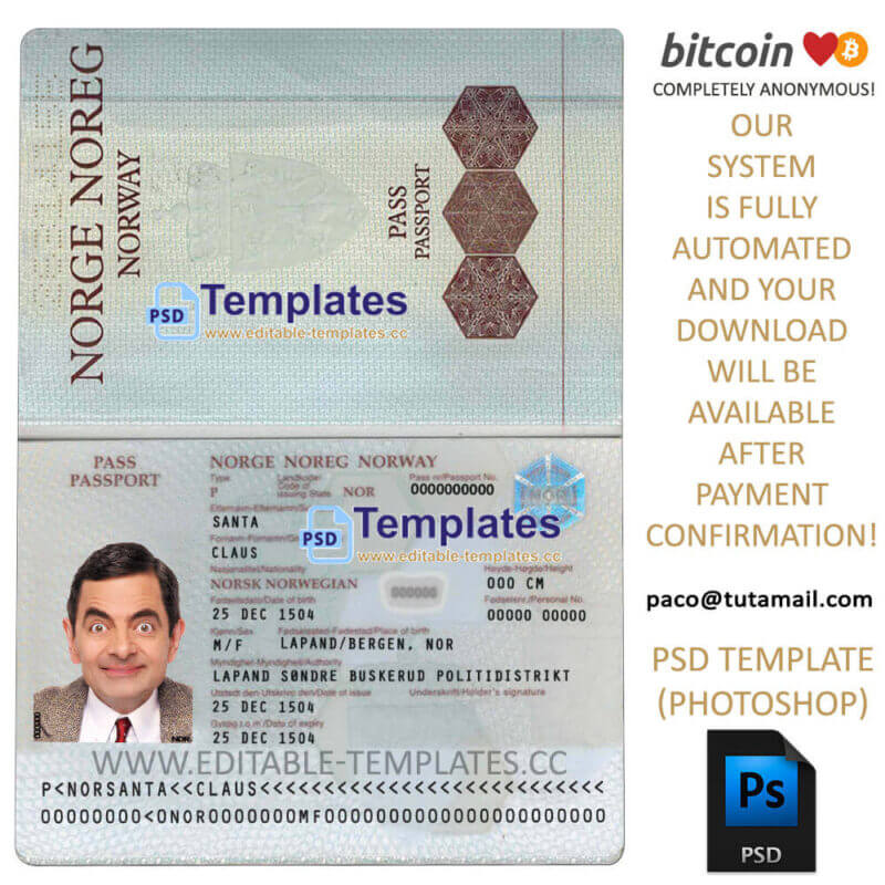 norway passport template, editable in  photoshop. psd fake template, pay by bitcoin, paypal or card