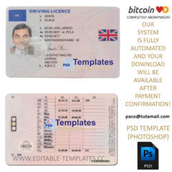 uk driving licence template, editable in photoshop. psd fake template, pay by bitcoin, paypal or card
