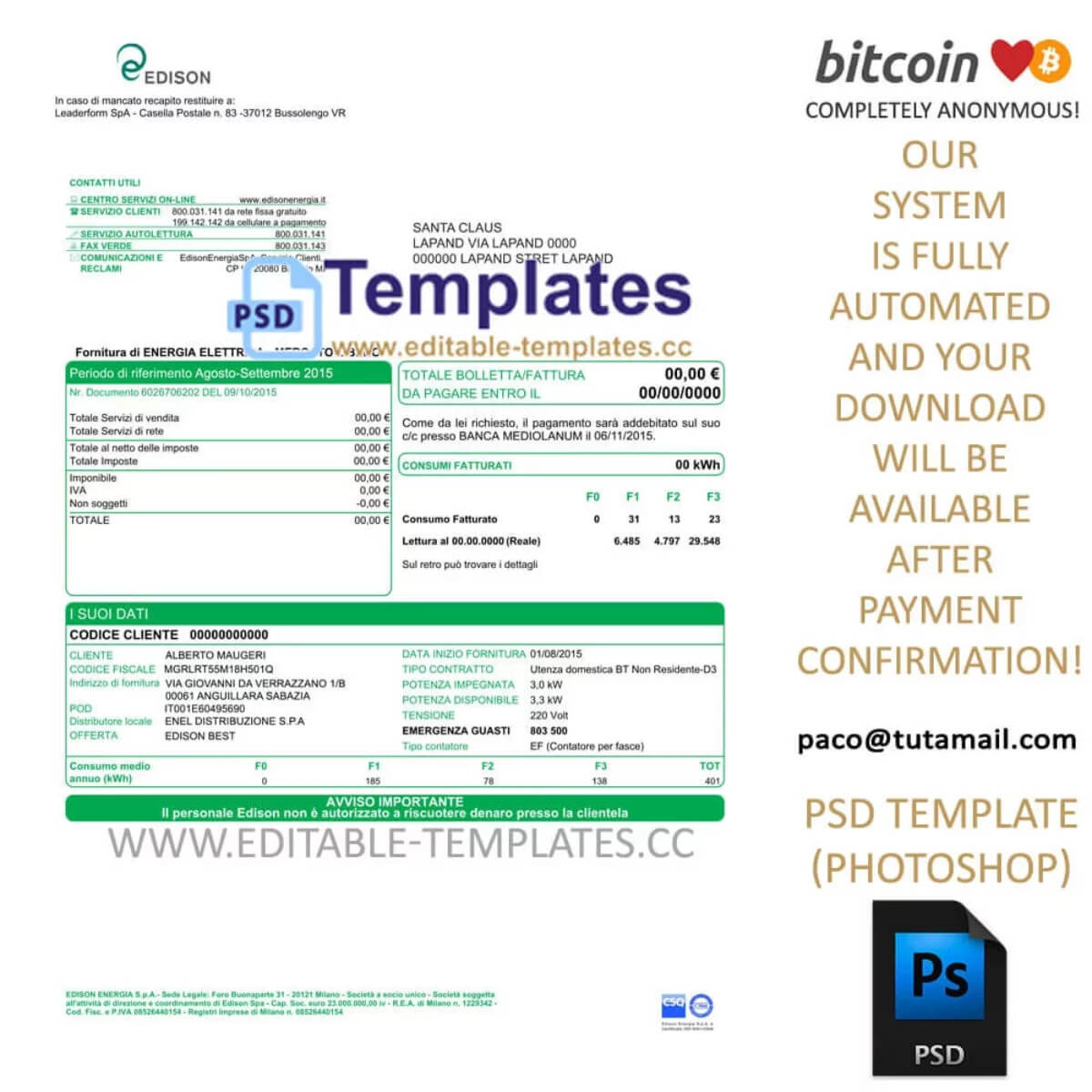 Italy Edison Bill Template Editable Templates