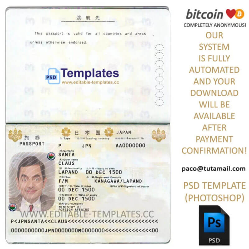 japan passport template, editable in  photoshop. psd fake template, pay by bitcoin, paypal or card