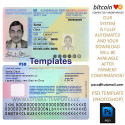 netherland, holland id template, editable in  photoshop. psd fake template, pay by bitcoin, paypal or card