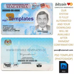 malaysia id template, editable in  photoshop. psd fake template, pay by bitcoin, paypal or card