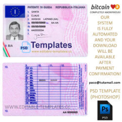 italy driver licence template, editable in  photoshop. psd fake template, pay by bitcoin, paypal or card