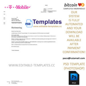 t mobile netherland bill template, editable in photoshop. psd fake template, pay by bitcoin, paypal or card