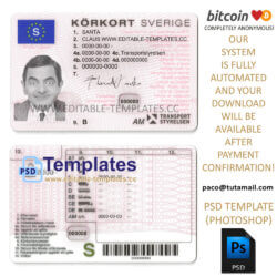 sweden driving licence template, editable in  photoshop. psd fake template, pay by bitcoin, paypal or card