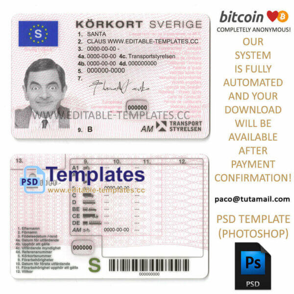 sweden driving licence template, editable in photoshop. psd fake template, pay by bitcoin, paypal or card sweden driving licence template, editable in photoshop. psd fake template, pay by bitcoin, paypal or card