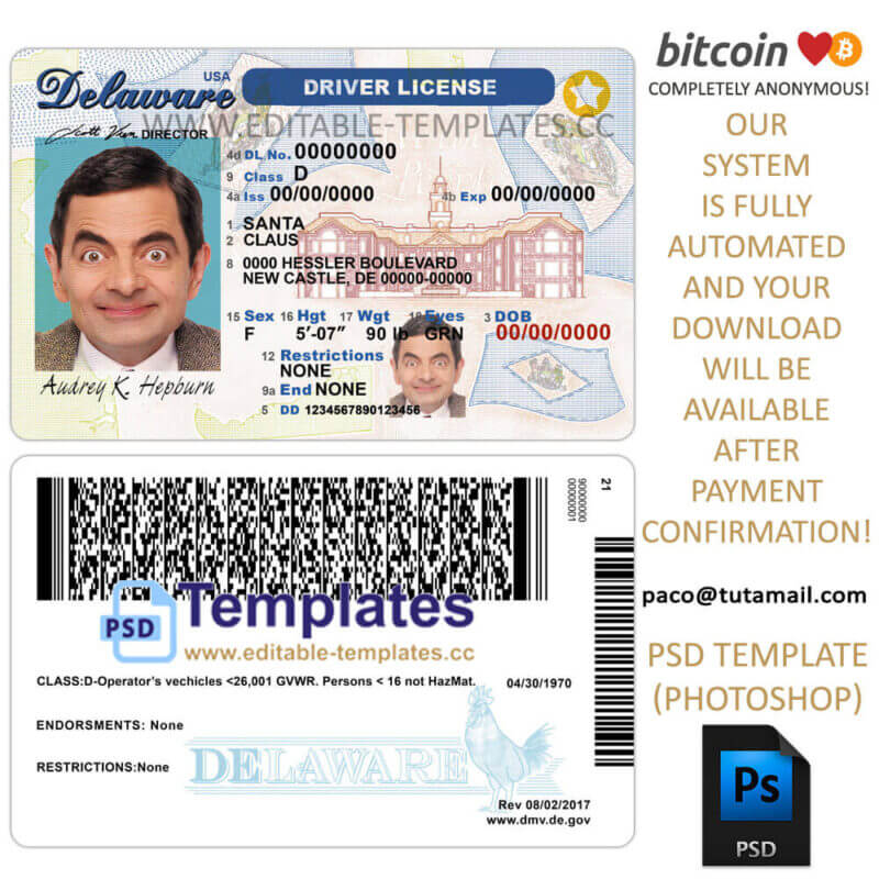 delaware driver license template,editable in photoshop.psd fake template,pay by bitcoin,paypal or card