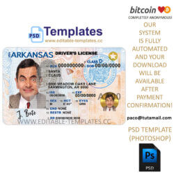 arkansas driver license template,editable in photoshop.psd fake template,pay by bitcoin,paypal or card