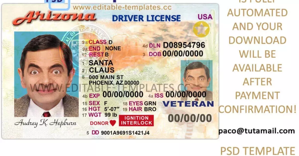 Arizona driving licence template editable templates