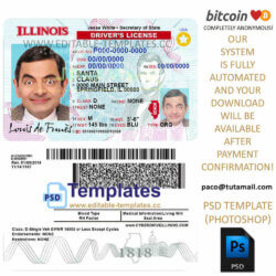 illinois driver license template, editable in  photoshop. psd fake template, pay by bitcoin, paypal or card