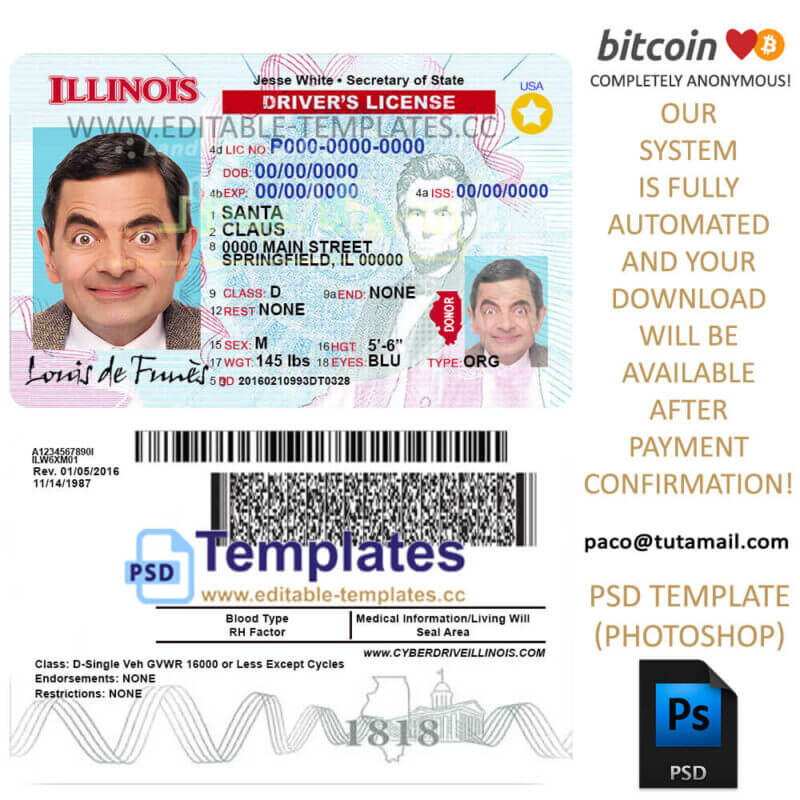 illinois driver license template, editable in  photoshop. psd fake template, pay by bitcoin, paypal or card