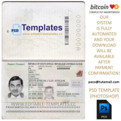 south africa passport template, editable in photoshop. psd fake template, pay by bitcoin, paypal or card