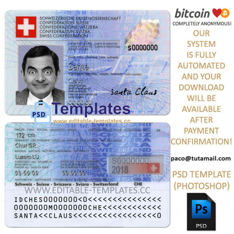 switzerland id template, editable in  photoshop. psd fake template, pay by bitcoin, paypal or card