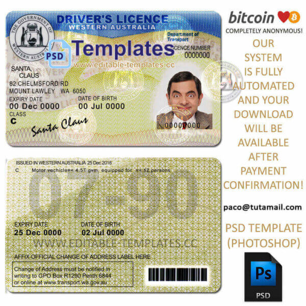 western australia driving licence template, editable in photoshop. psd fake template, pay by bitcoin, paypal or card western australia driving licence template, editable in photoshop. psd fake template, pay by bitcoin, paypal or card