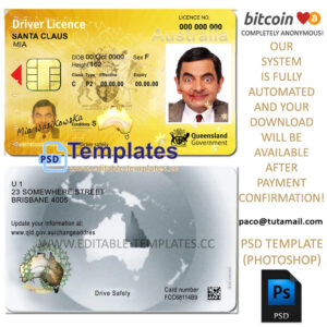 australia, queensland driver licence template, editable in photoshop. psd fake template, pay by bitcoin, paypal or card