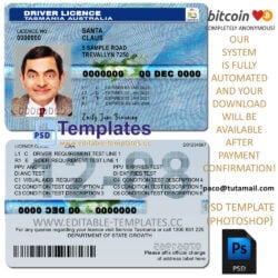 australia tasmania driving licence template, editable in  photoshop. psd fake template, pay by bitcoin, paypal or card