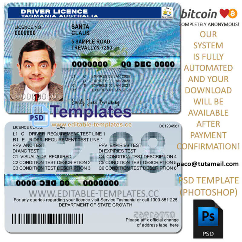 australia tasmania driving licence template, editable in  photoshop. psd fake template, pay by bitcoin, paypal or card