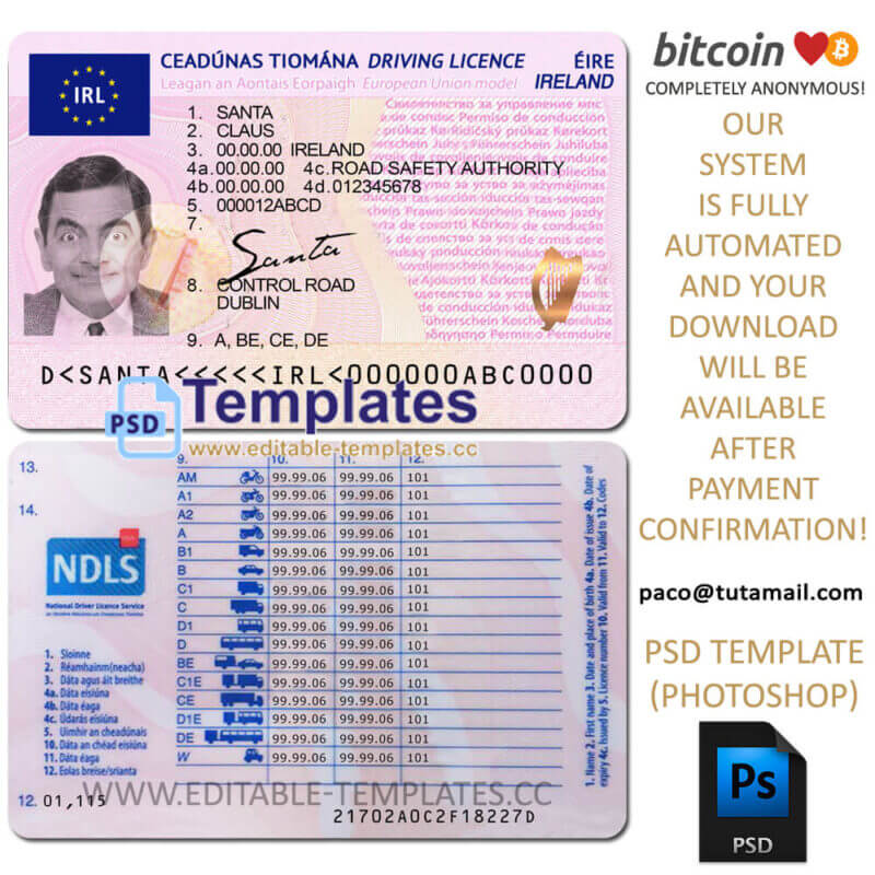 ireland driver licence template, editable in  photoshop. psd fake template, pay by bitcoin, paypal or card