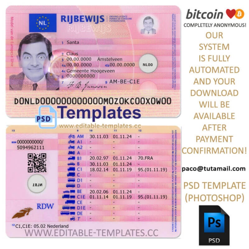 holland, netherland driver licence template, editable in  photoshop. psd fake template, pay by bitcoin, paypal or card