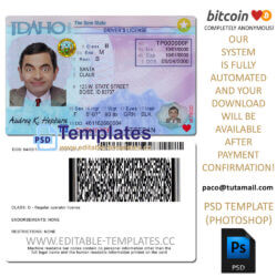 idaho driver license template, editable in  photoshop. psd fake template, pay by bitcoin, paypal or card