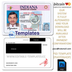 indiana driver license template, editable in  photoshop. psd fake template, pay by bitcoin, paypal or card