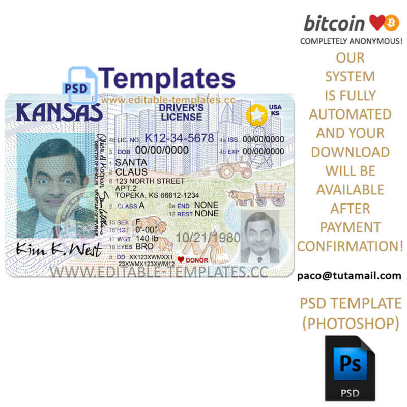kansas driver license template, editable in  photoshop. psd fake template, pay by bitcoin, paypal or card