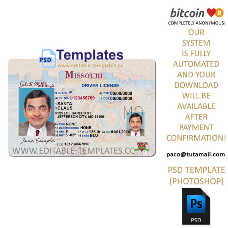 missouri driver license template, editable in  photoshop. psd fake template, pay by bitcoin, paypal or card
