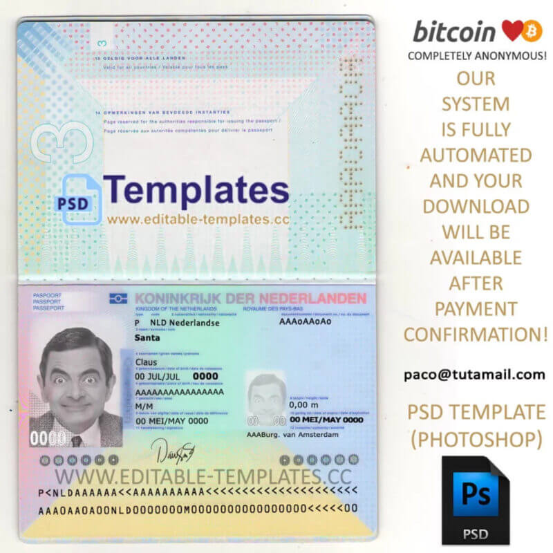 netherland passport template, editable in  photoshop. psd fake template, pay by bitcoin, paypal or card