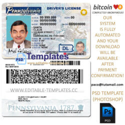 pennsylvania driver license template, editable in  photoshop. psd fake template, pay by bitcoin, paypal or card