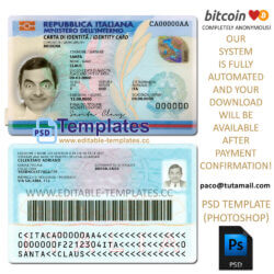 italy id template, editable in  photoshop. psd fake template, pay by bitcoin, paypal or card