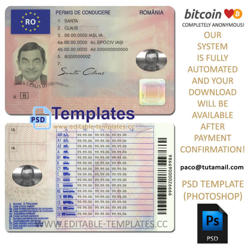 romania driver licence template, editable in  photoshop. psd fake template, pay by bitcoin, paypal or card