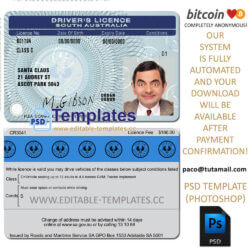 south australia driver licence template, editable in  photoshop. psd fake template, pay by bitcoin, paypal or card