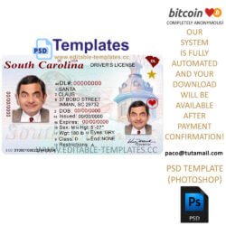 south carolina driver license template, editable in  photoshop. psd fake template, pay by bitcoin, paypal or card