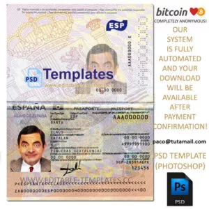 spain passport new version template, editable in  photoshop. psd fake template, pay by bitcoin, paypal or card