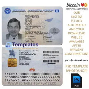 kyrgyzstan id template, editable in  photoshop. psd fake template, pay by bitcoin, paypal or card