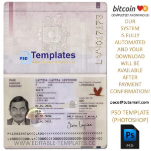 latvia passport template, editable in  photoshop. psd fake template, pay by bitcoin, paypal or card