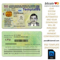 lithuania id template, editable in  photoshop. psd fake template, pay by bitcoin, paypal or card
