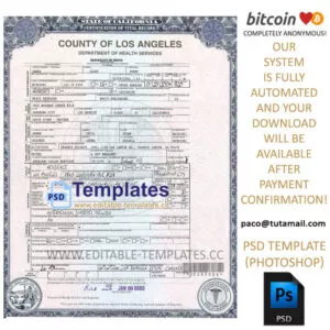 los angeles,california death certificate template,editable in photoshop.psd fake template,pay by bitcoin,paypal or card